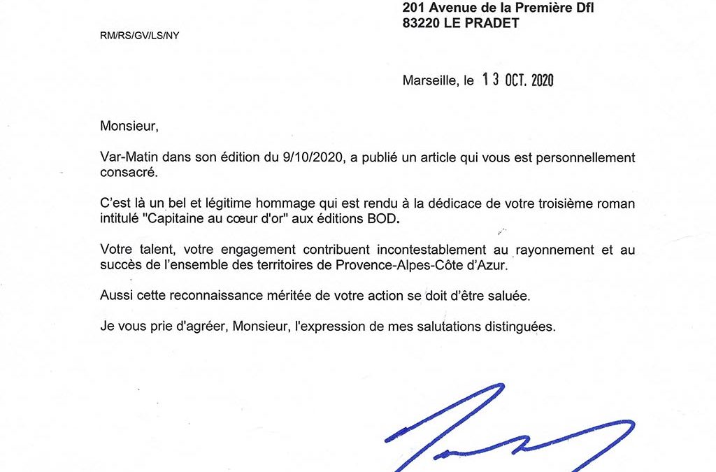 Renaud MUSELIER, Président de la Région PACA (extrait d’une lettre personnelle du 13/10/2020)